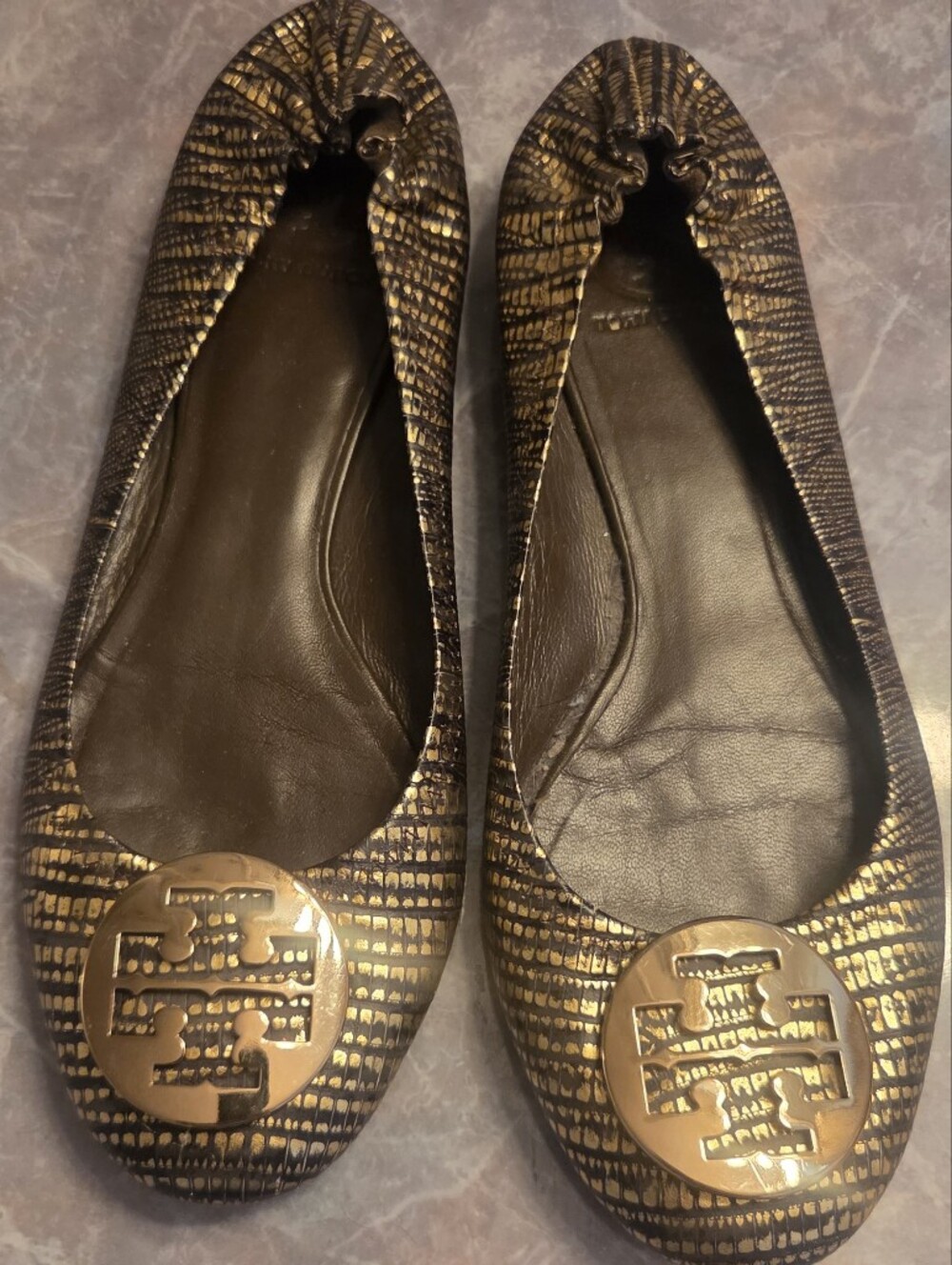 Tory Burch Women's Gold and Brown Logo Ballet Flats